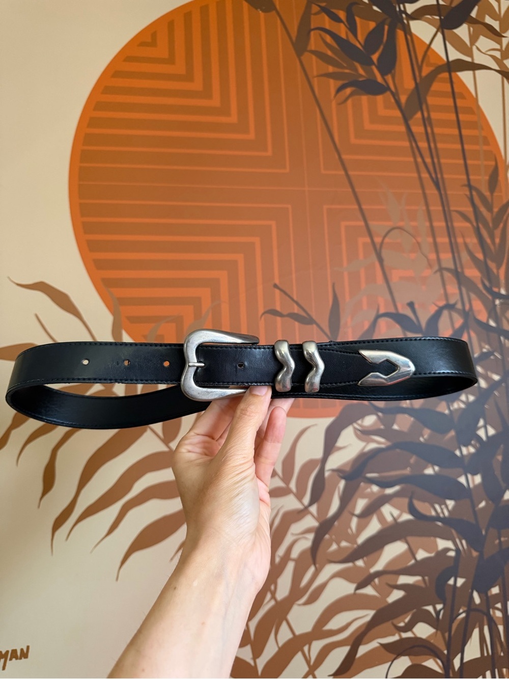 Vintage Western Black Faux Leather Belt Silver Hardware